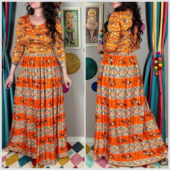 Vintage 1960s Orange Floral and Striped Long Sleeve Maxi Dress - Picture 4 of 7